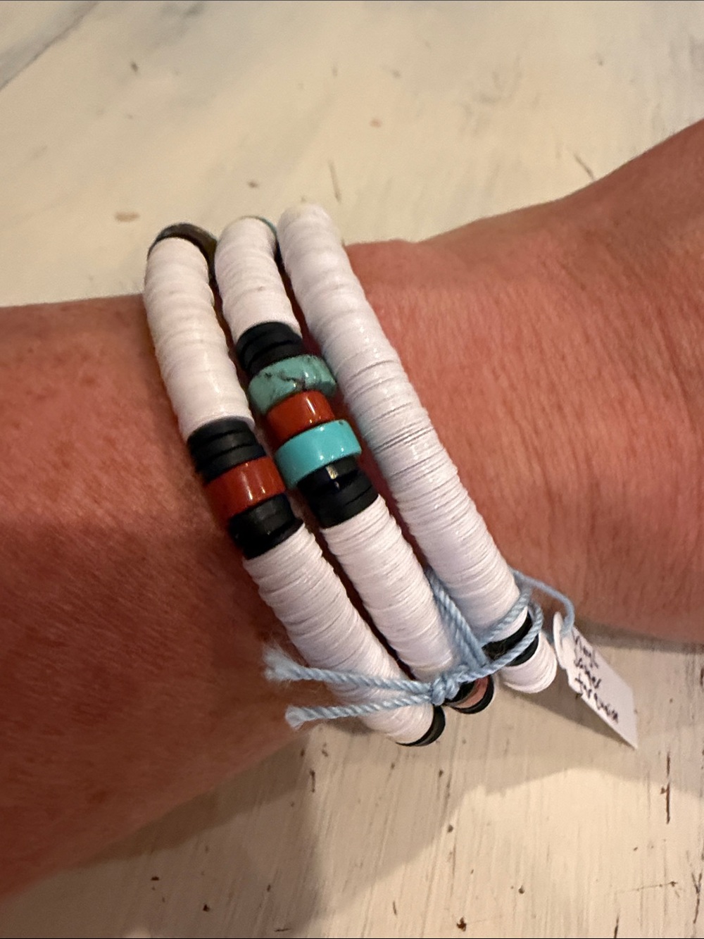 Stacked White vynl Bead Bracelet with Turquoise & Jasper Accents
